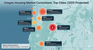 A map highlighting Oregon cities facing the largest price corrections in the housing market in 2025.