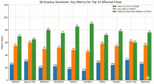 A bar chart comparing key metrics (price cuts, days on market, pending sales) for the top 10 New Jersey cities with the largest housing slowdowns in 2025.