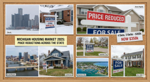 Collage showing various Michigan cities experiencing home price declines in 2025.
