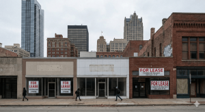 Downtown city core with empty streets and storefronts, showing signs of decline in 2025.