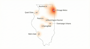 Illinois housing crash 2025 map of 8 cities with rising price cuts and longer DOM