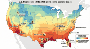 Map highlighting U.S. boomtowns facing slowing demand in 2025.