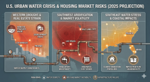 U.S. cities housing market water shortage risk 2025, drought and growth visualization.