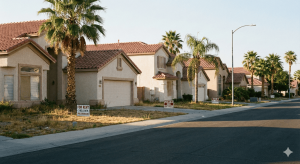 Street in a Sunbelt city with multiple rental properties, showing higher vacancy and long periods between tenants.
