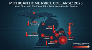Map showing Michigan cities where home prices are collapsing in 2025, highlighting key areas.