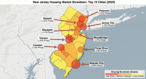 A visual map of New Jersey cities where the housing market is slowing down the most in 2025.