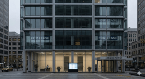 Office buildings in downtown with vacant floors, showing the impact of hybrid work on office space demand.