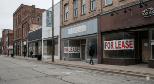 Empty retail spaces with "For Lease" signs, highlighting the retail decline in downtown city cores.