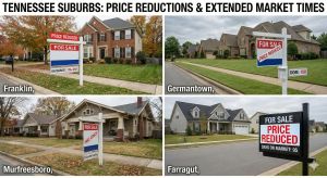 Collage showing various Tennessee suburbs with rising price cuts and longer days on market.