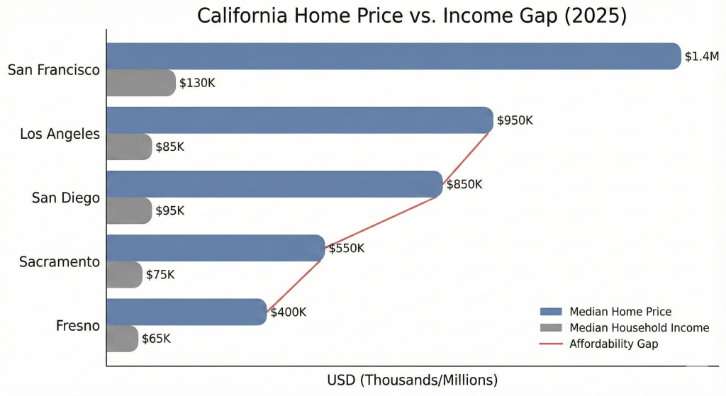 California housing affordability gap driving worst cities to buy in 2026.