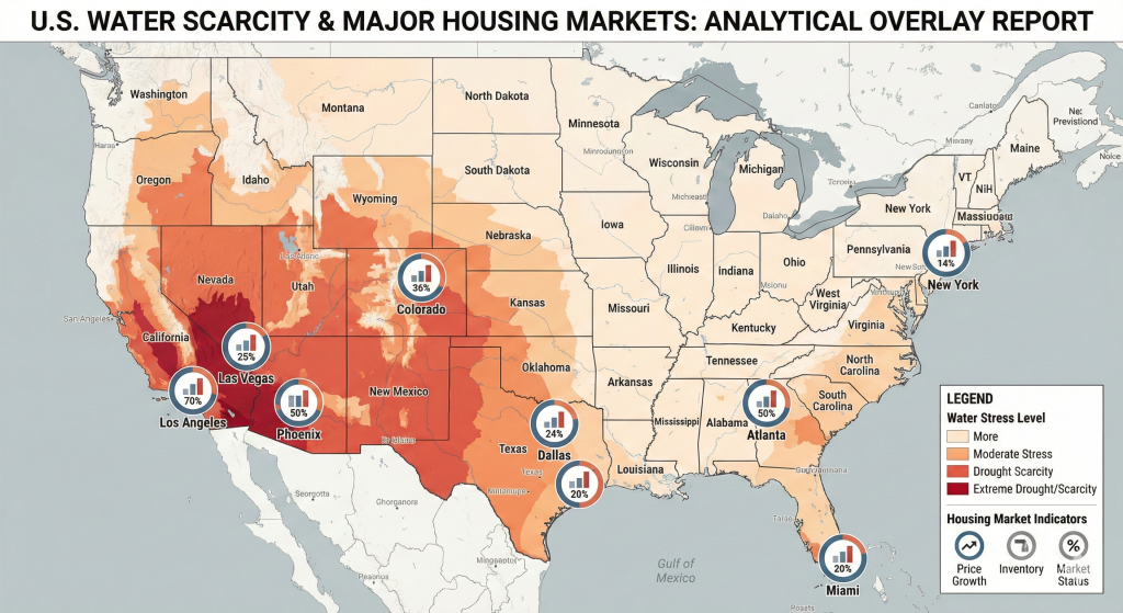 U.S. cities and regions with high water scarcity risk and real estate impact 2026.