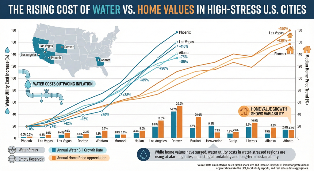 Chart linking water costs and home price trends in 2026 water risk cities.