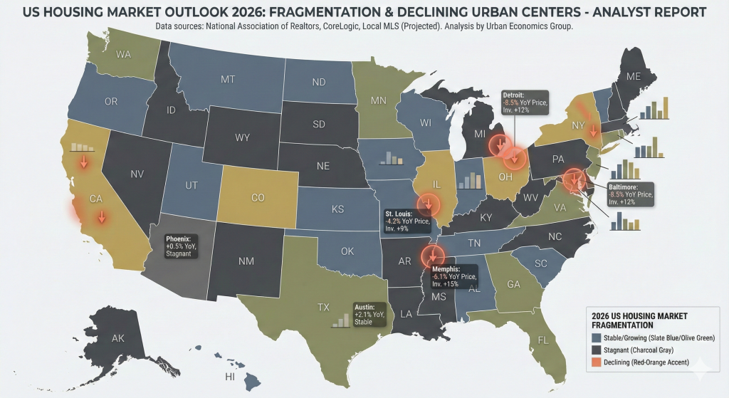 U.S. cities with falling home values during the 2026 housing market recalibration.